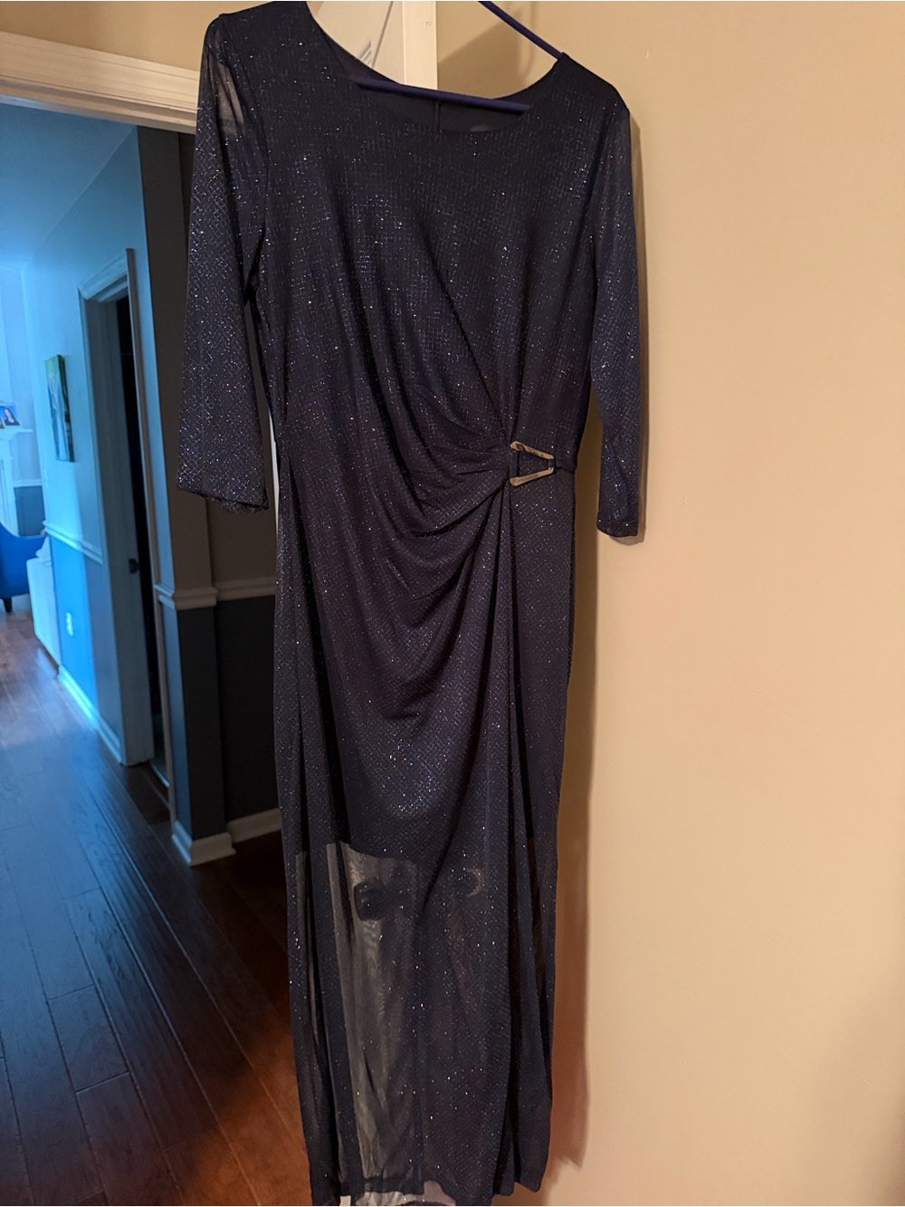 Navy Sparkle Long Sleeve Evening Gown with Side Accent